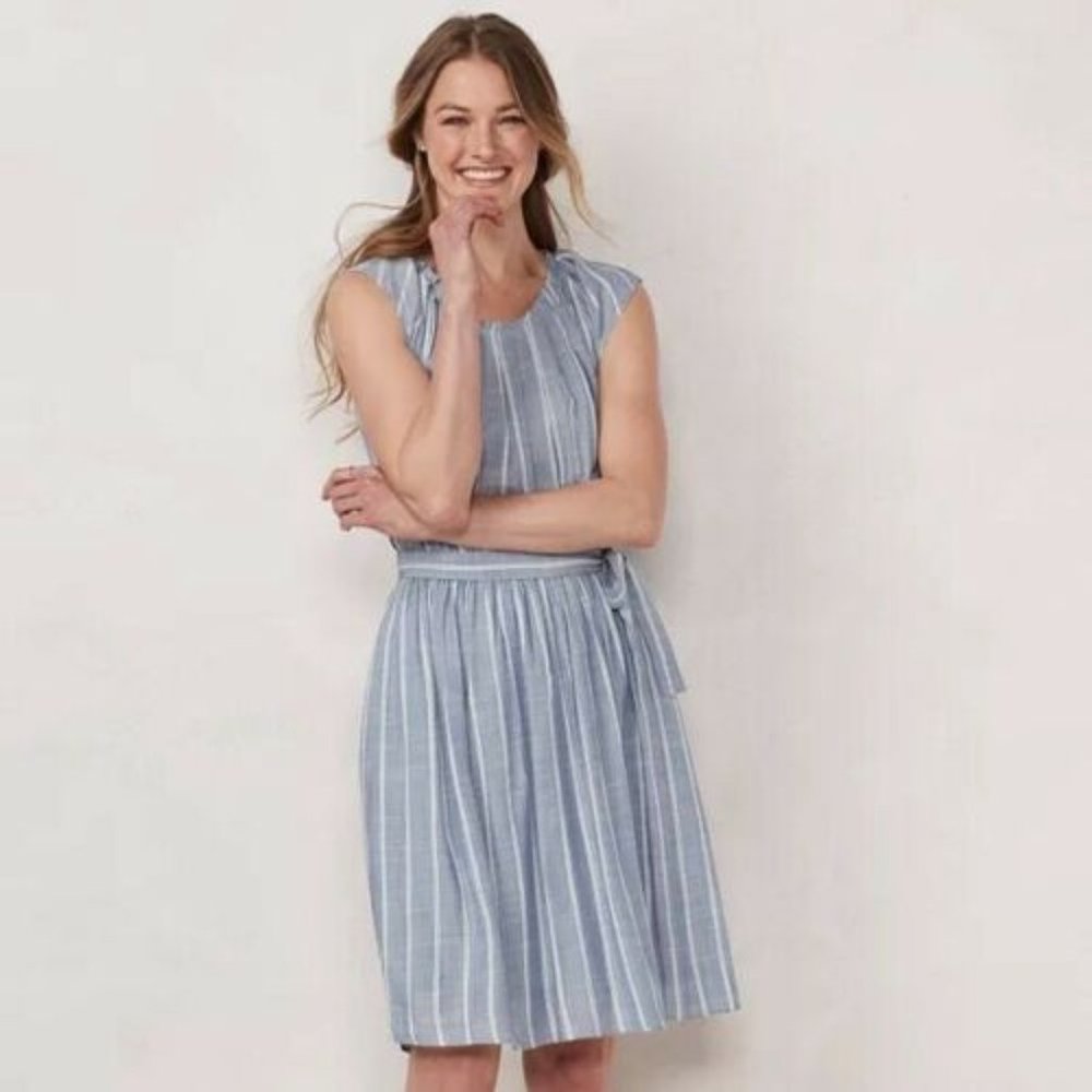 Lauren Conrad Striped Pleated Neck Dress H10666 - Picture 1 of 11